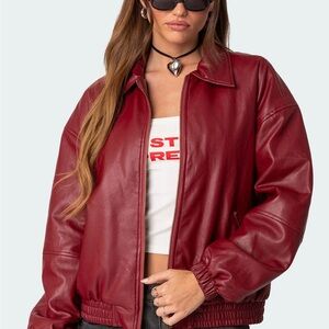 Edikted Halley Faux Leather Bomber Jacket in Red